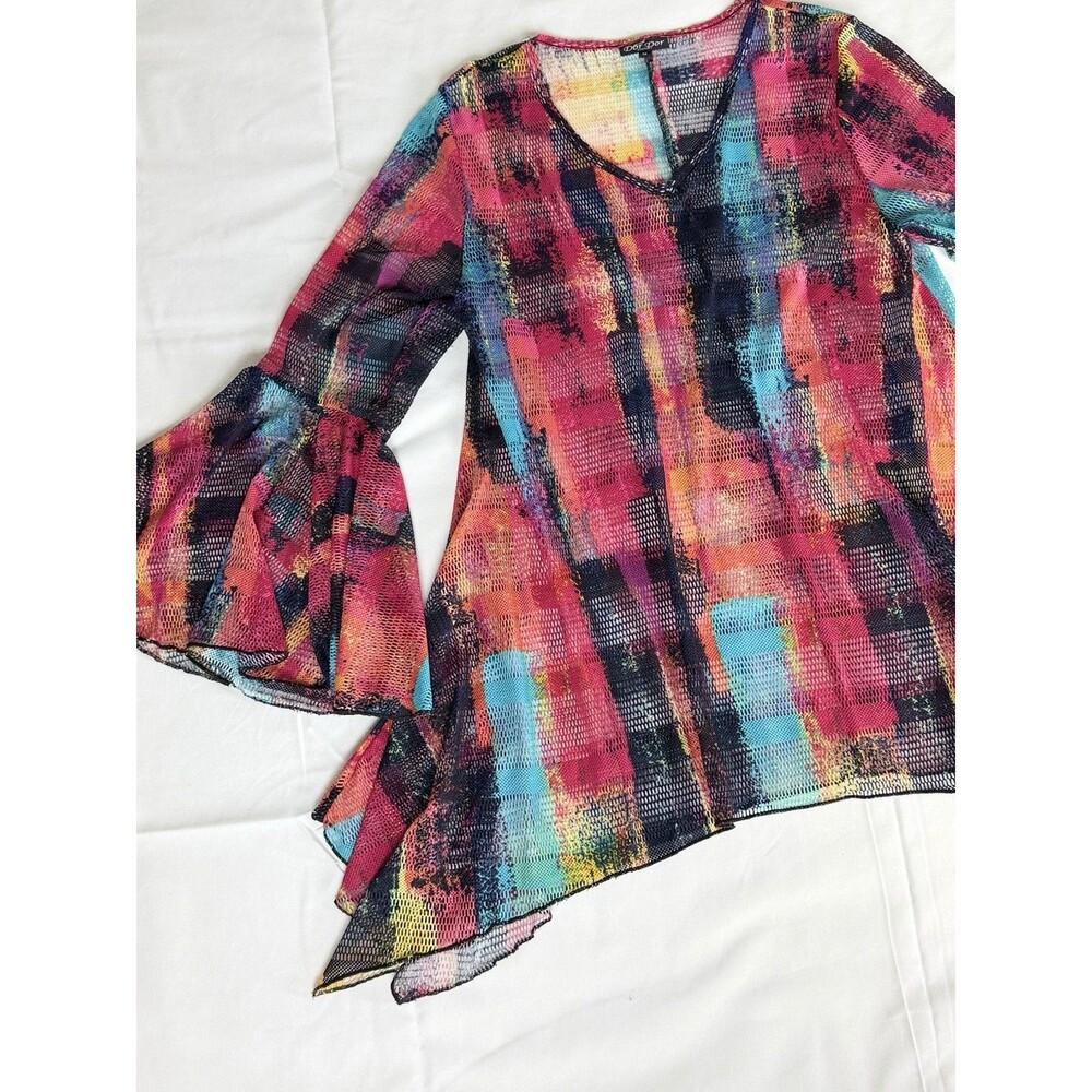 Dor Dor Couture Colorful 3/4 bell sleeves mesh top/coverup size Medium - Picture 2 of 8